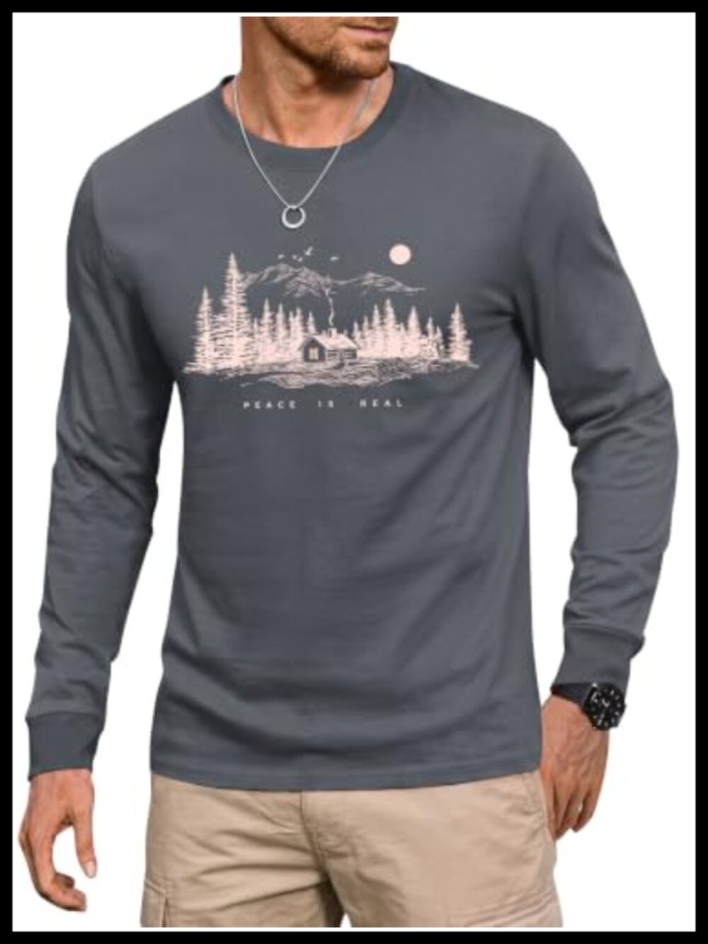Men's Graphic Long Sleeve T-Shirt 100% Cotton Outdoor Hiking Tee